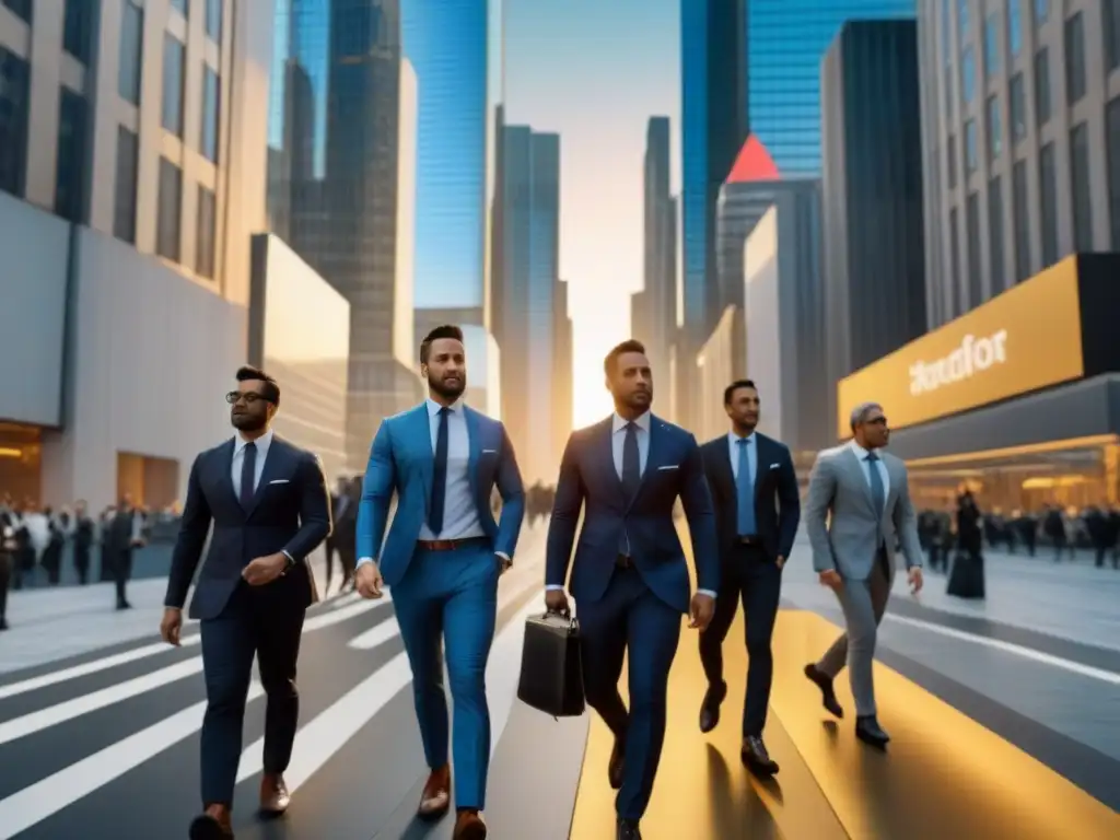 Distrito financiero moderno al atardecer: innovación y progreso Un vibrante distrito financiero con rascacielos modernos y profesionales elegantes, reflejando el atardecer dorado