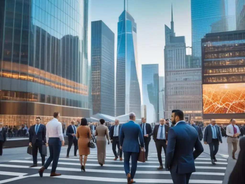 Distrito financiero: sinergia REITs y fondos de pensión Un vibrante distrito financiero con rascacielos modernos, profesionales discutiendo y datos financieros complejos