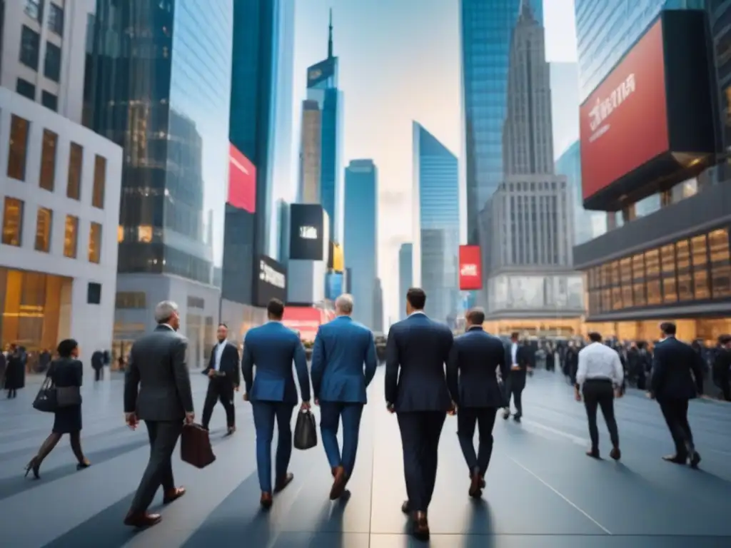 Distrito financiero vibrante: inversión estratégica en mercado inmobiliario Vibrante distrito financiero con rascacielos, profesionales y datos bursátiles reflejados en edificios de cristal