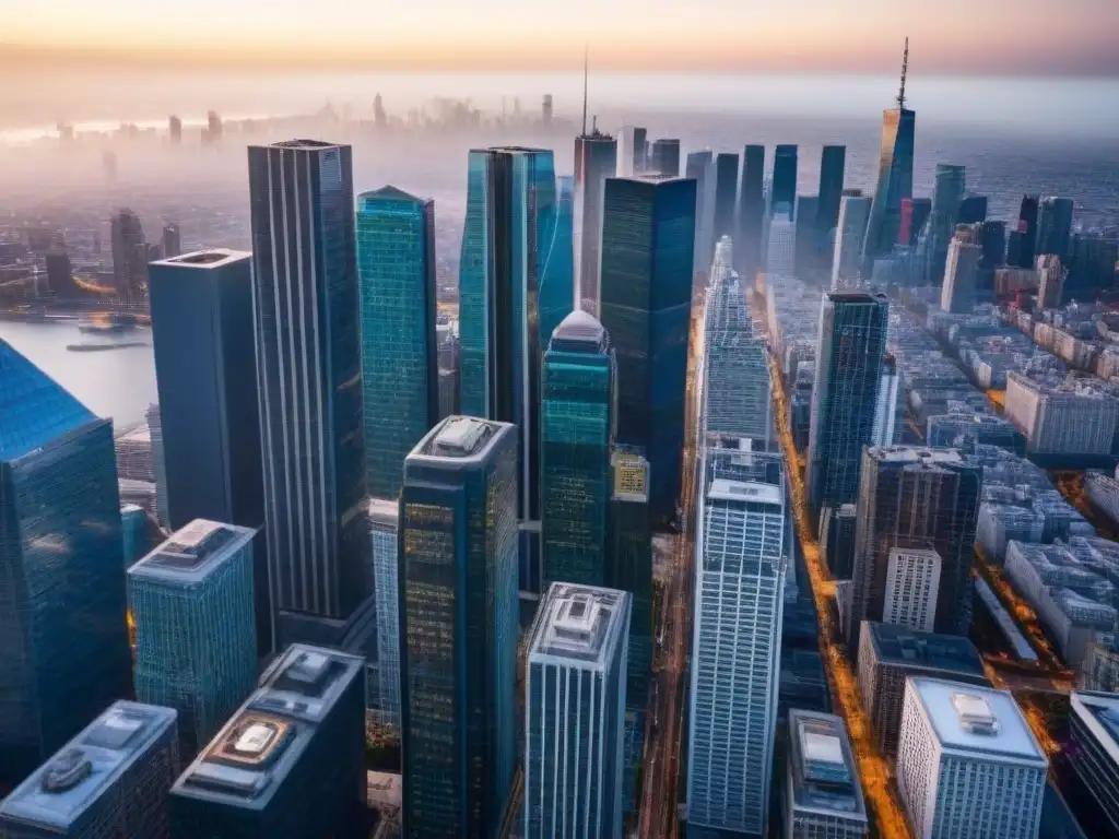 Distrito financiero: rascacielos y carreteras en una ciudad vibrante Vibrante distrito financiero con rascacielos relucientes y carreteras llenas de autos modernos, simbolizando oportunidad y crecimiento