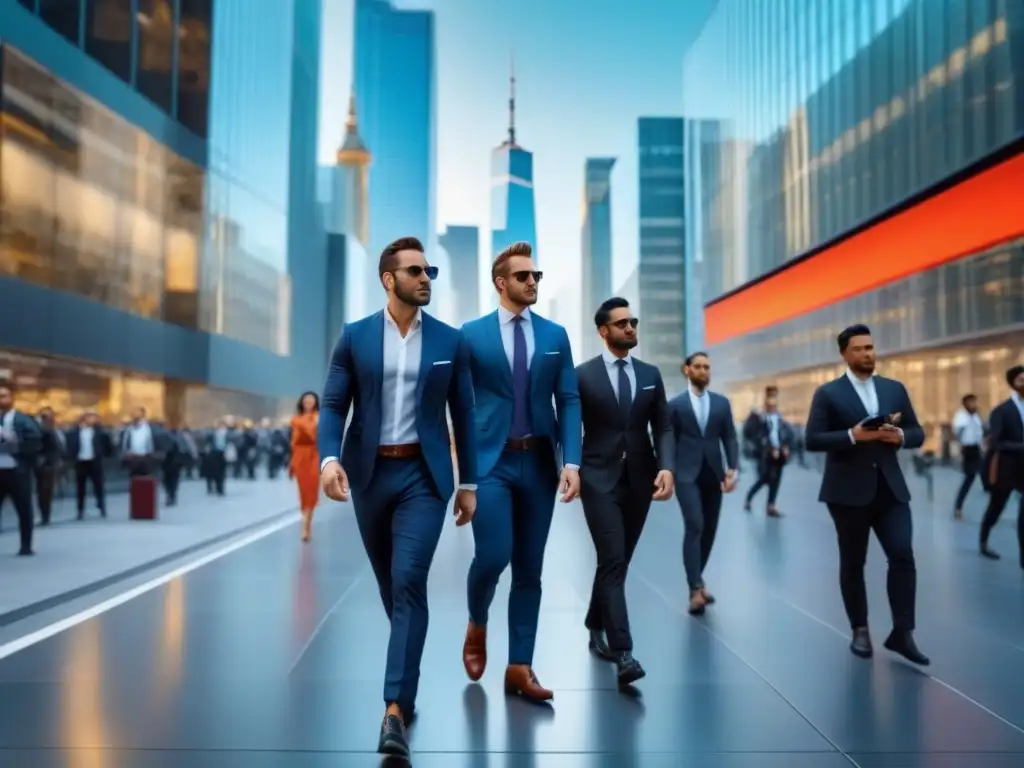 Inversión en REITs: Distrito financiero vibrante y futurista Vibrante distrito financiero con rascacielos modernos y edificios de cristal reflejando un paisaje urbano, simbolizando el dinámico entorno de los REITs comerciales en el actual entorno económico