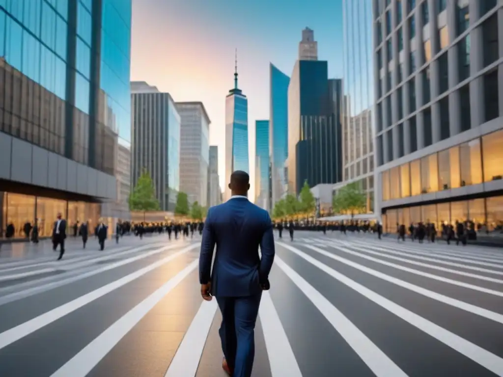 Inversión inmobiliaria: distrito financiero próspero y moderno Vibrante distrito financiero con rascacielos y profesionales en trajes caminando