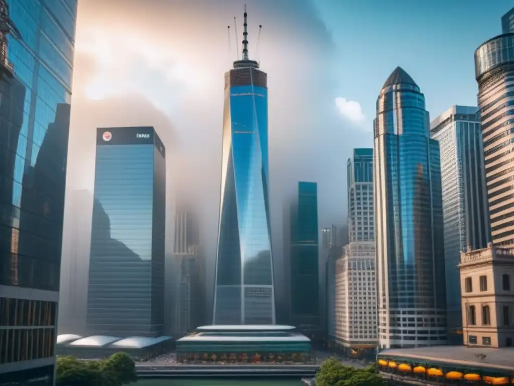 Centro financiero vibrante: inversión en REITs para maximizar retornos Vibrante distrito financiero con rascacielos y edificio moderno destacado, reflejando confianza e innovación