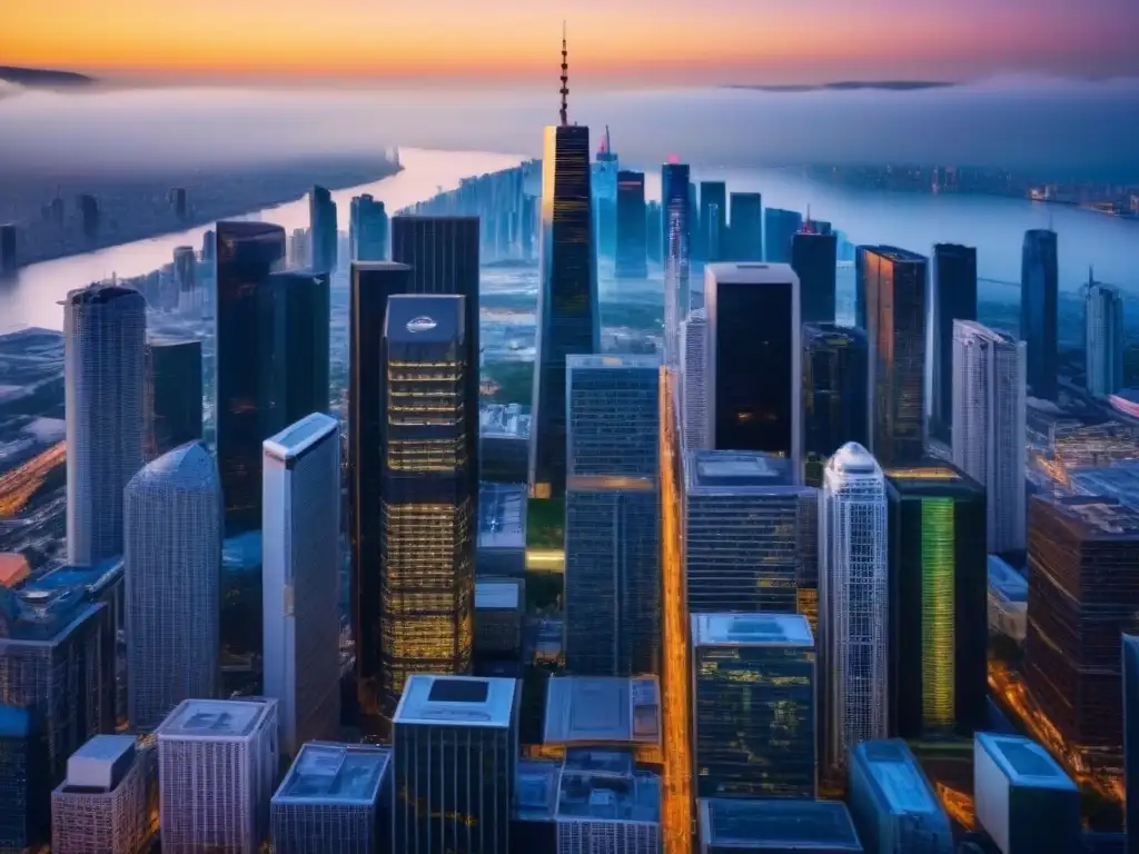 Horizonte dorado de una ciudad financiera moderna Un vibrante distrito financiero con rascacielos reflejando la luz dorada del atardecer