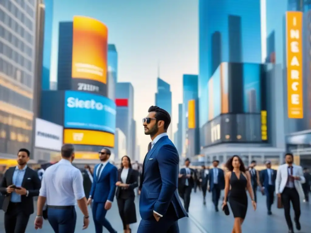Skyline urbano en 8k: vida vibrante en distrito financiero Vibrante distrito financiero con rascacielos comerciales y gente de negocios, muestra consejos inversores REITs comerciales