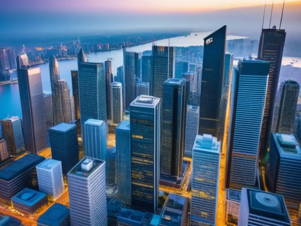 Vibrante distrito financiero: Skyline urbano y profesionales en acción Vibrante distrito financiero con rascacielos y profesionales, simbolizando el papel de los REITs en financiamiento inmobiliario