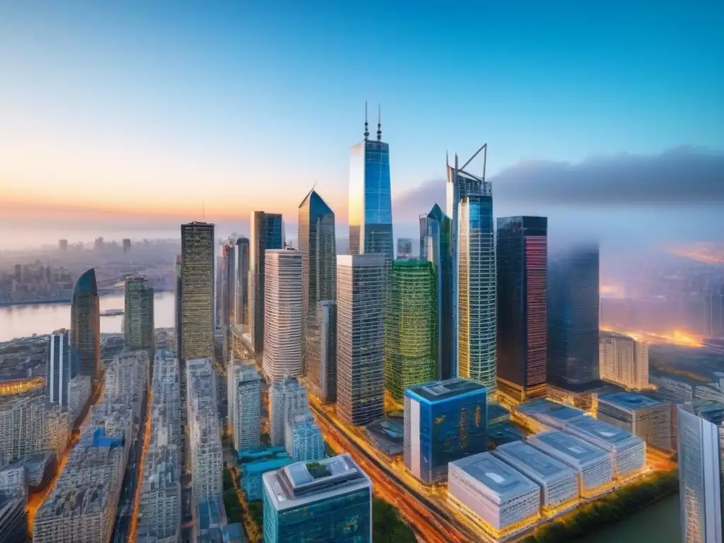 Horizonte urbano moderno: rascacielos en auge Vibrante distrito financiero con rascacielos y profesionales en traje, bajo cielos azules, reflejando la prosperidad inmobiliaria