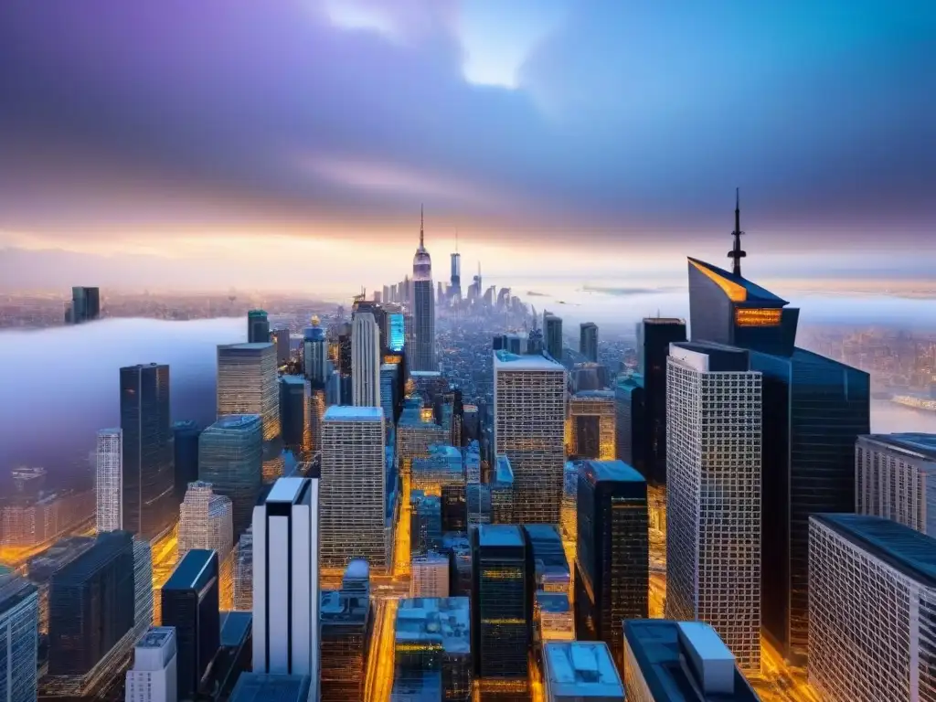 Metrópolis futurista: IA en la financiación inmobiliaria Vibrante distrito financiero con rascacielos futuristas y tecnología AI en financiamiento inmobiliario