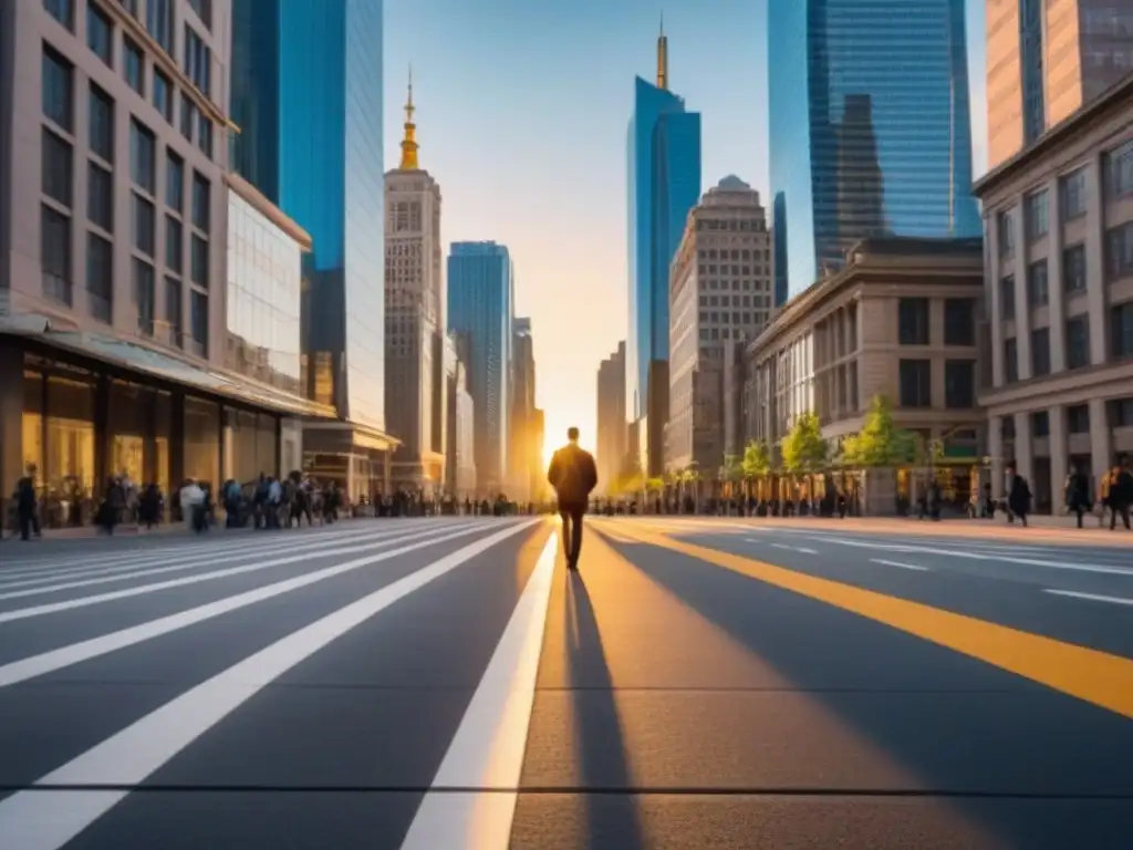 Centro financiero dinámico: reflejos de rascacielos en la ciudad moderna Un vibrante distrito financiero con rascacielos reflejando la luz solar y personas de traje caminando en las aceras