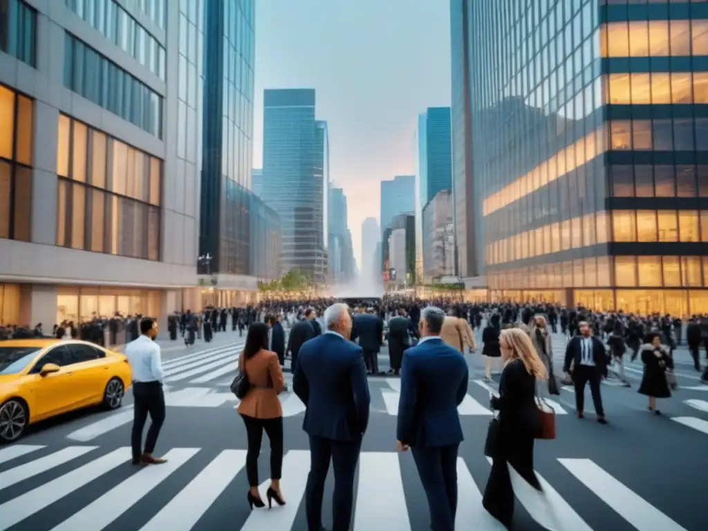 Inversión inmobiliaria: distrito financiero dinámico y rentable Un vibrante distrito financiero con rascacielos y profesionales ocupados, simbolizando el dinamismo y rendimiento de REITs en inversión inmobiliaria