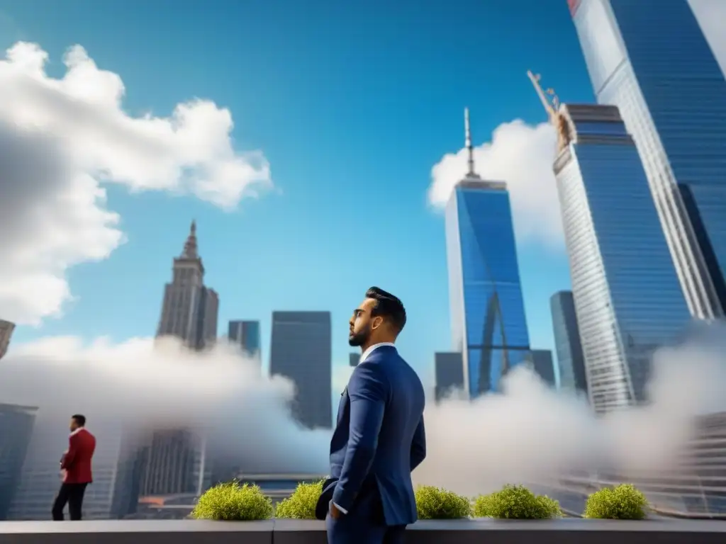 Vibrante distrito financiero en 8k: negocios y modernidad Vibrante distrito financiero con rascacielos y profesionales analizando datos en dispositivos digitales