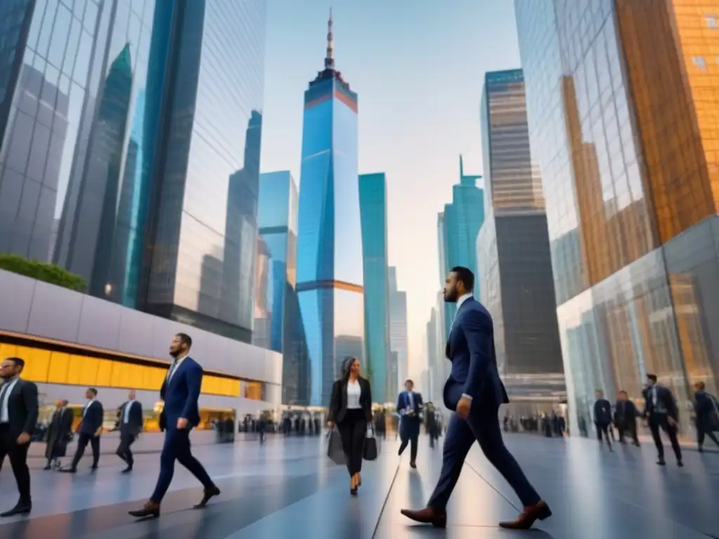 Distrito financiero futurista: inversión y tecnología en la ciudad Vibrante distrito financiero con rascacielos futuristas y profesionales ocupados