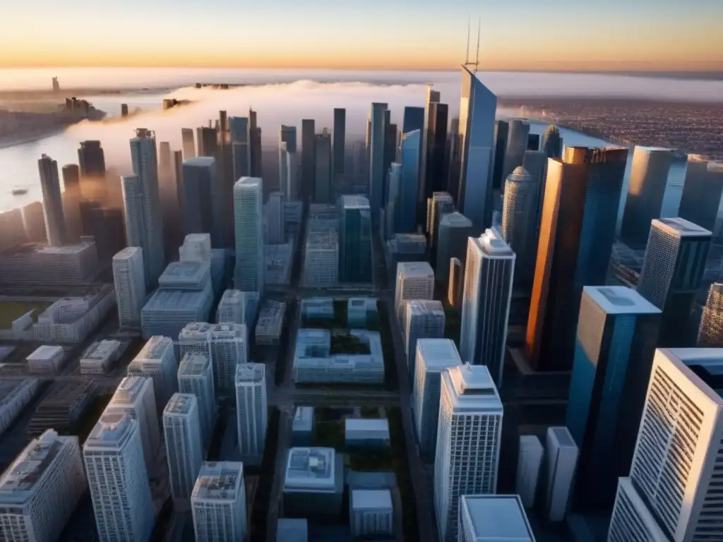 Metrópolis Futurista al Atardecer: Colaboración en Distrito Inmobiliario Un vibrante distrito inmobiliario con modernos rascacielos y arquitectura futurista, iluminado por el sol poniente