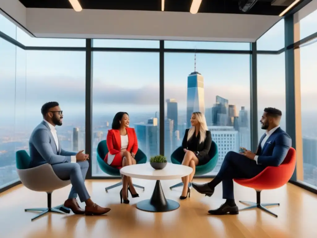 Jóvenes emprendedores debaten en espacio de coworking de vanguardia sobre inversión inmobiliaria Un vibrante encuentro de emprendedores inmobiliarios bajos en un moderno espacio colaborativo, lleno de tecnología y energía innovadora