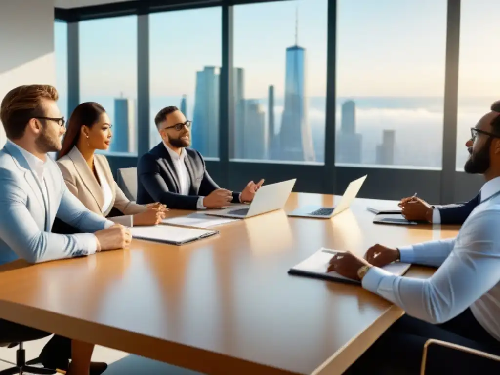 Reunión estratégica diversa en moderna oficina de real estate Un vibrante encuentro de expertos en un moderno espacio de oficina, discutiendo sobre préstamos inmobiliarios