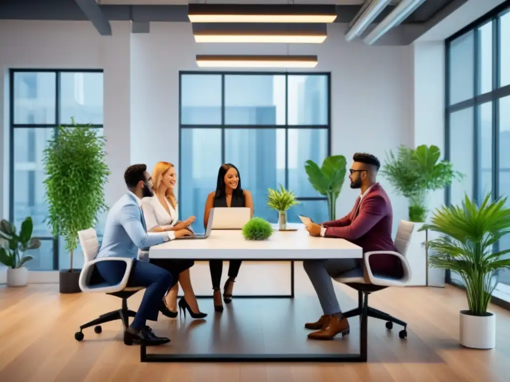 Colaboración innovadora de trabajadores independientes en espacio de oficina contemporáneo Un vibrante encuentro de trabajadores independientes planificando financiamiento inmobiliario en una oficina moderna y colaborativa