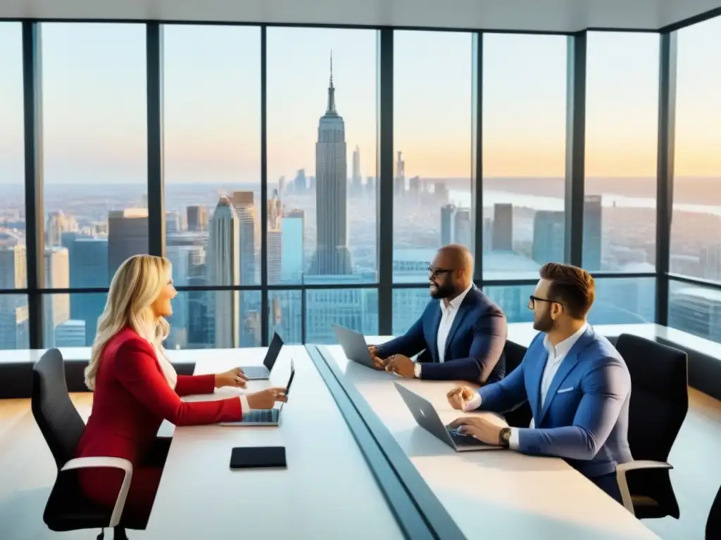 Oficina de marketing inmobiliario: innovación y colaboración en 8k Un vibrante equipo de afiliados inmobiliarios en una moderna oficina, discutiendo estrategias de redes sociales
