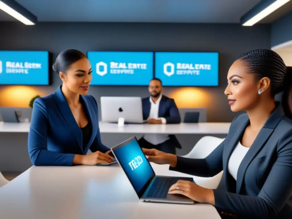 Equipo diverso de afiliados inmobiliarios en oficina futurista Un vibrante equipo de afiliados del sector inmobiliario en una oficina futurista, planificando estrategias de marketing