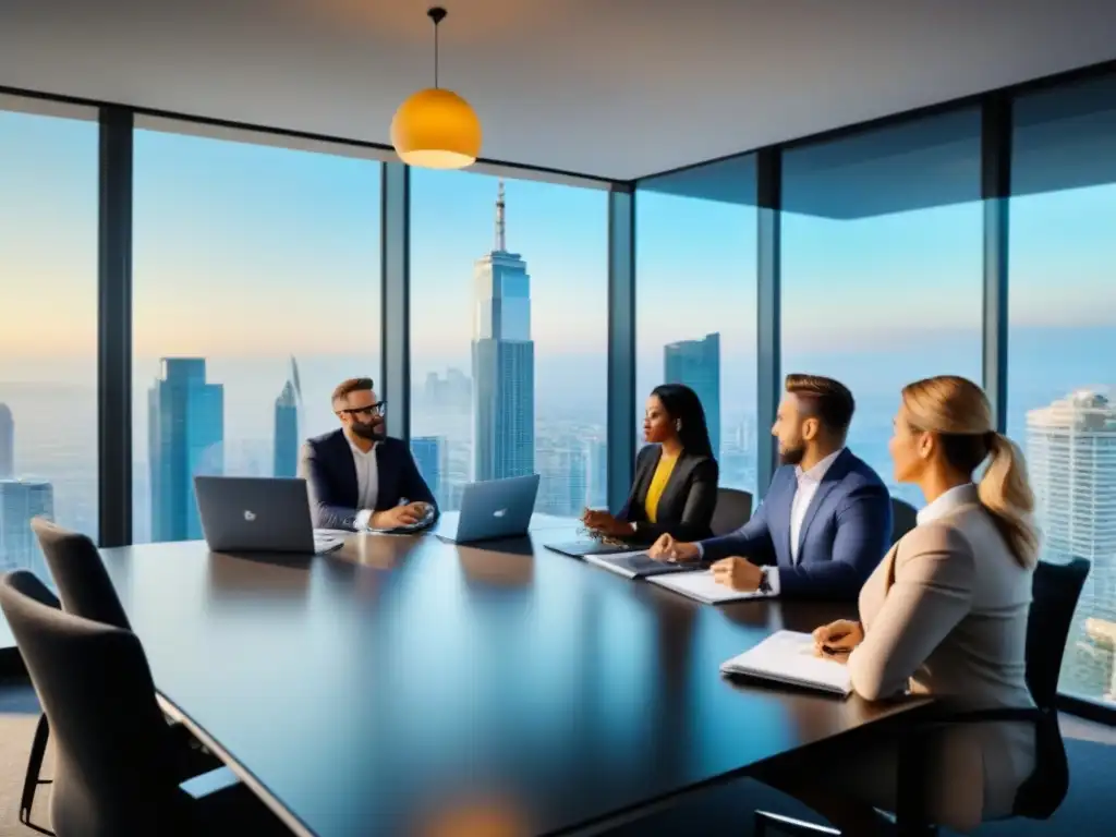 Un vibrante equipo de expertos en afiliados en una oficina moderna, planeando estratégicamente