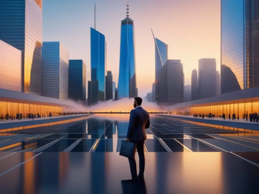 Vibrante escena de colaboración en un distrito financiero moderno al atardecer, con profesionales y datos inmobiliarios