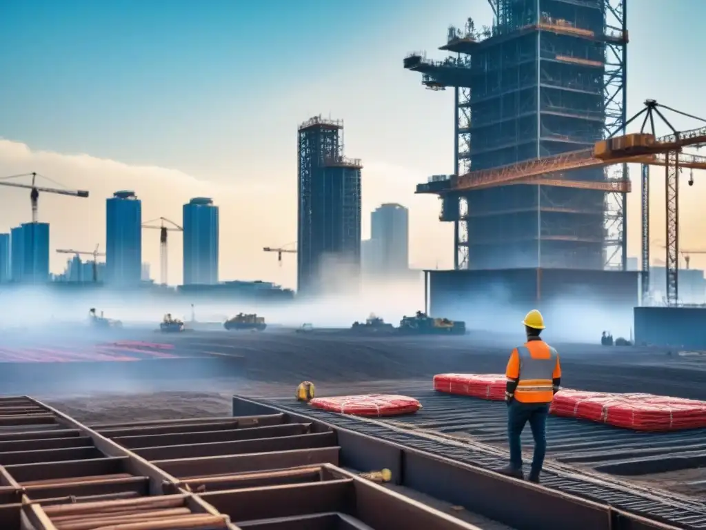 Proyecto inmobiliario gigantesco: construcción en detalle 8k Vibrante escena de construcción para proyecto colosal, ingenieros supervisan estructuras de acero