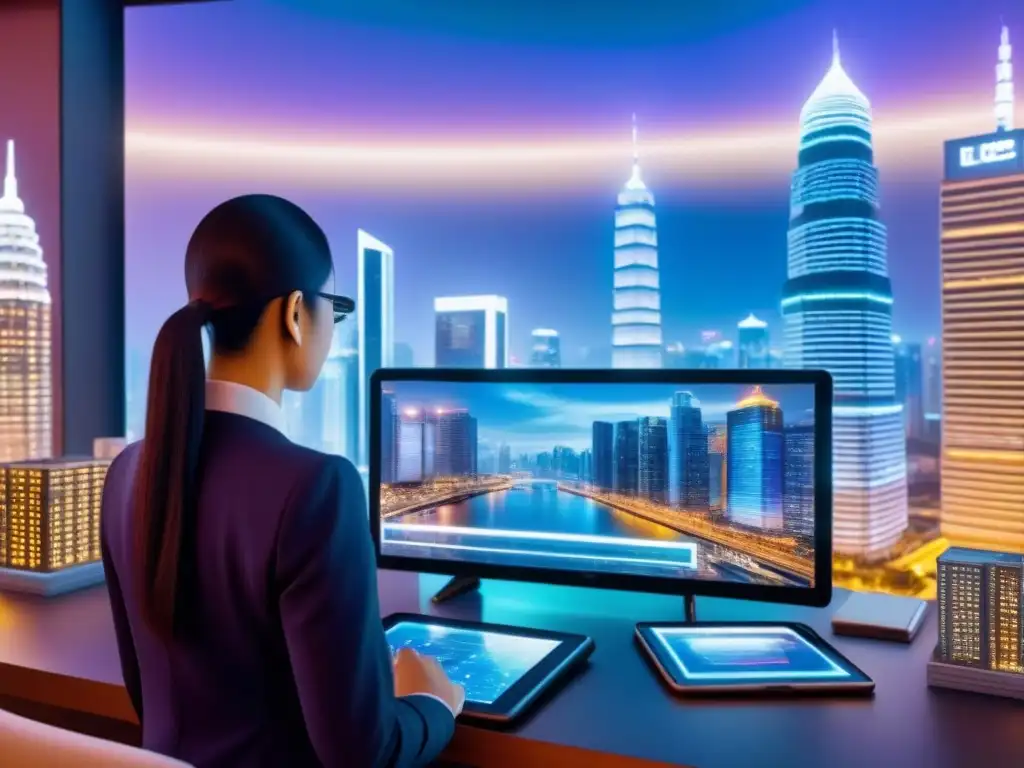 Distrito financiero futurista con blockchain en Asia Vibrante escena financiera asiática con tecnología blockchain en inmobiliario