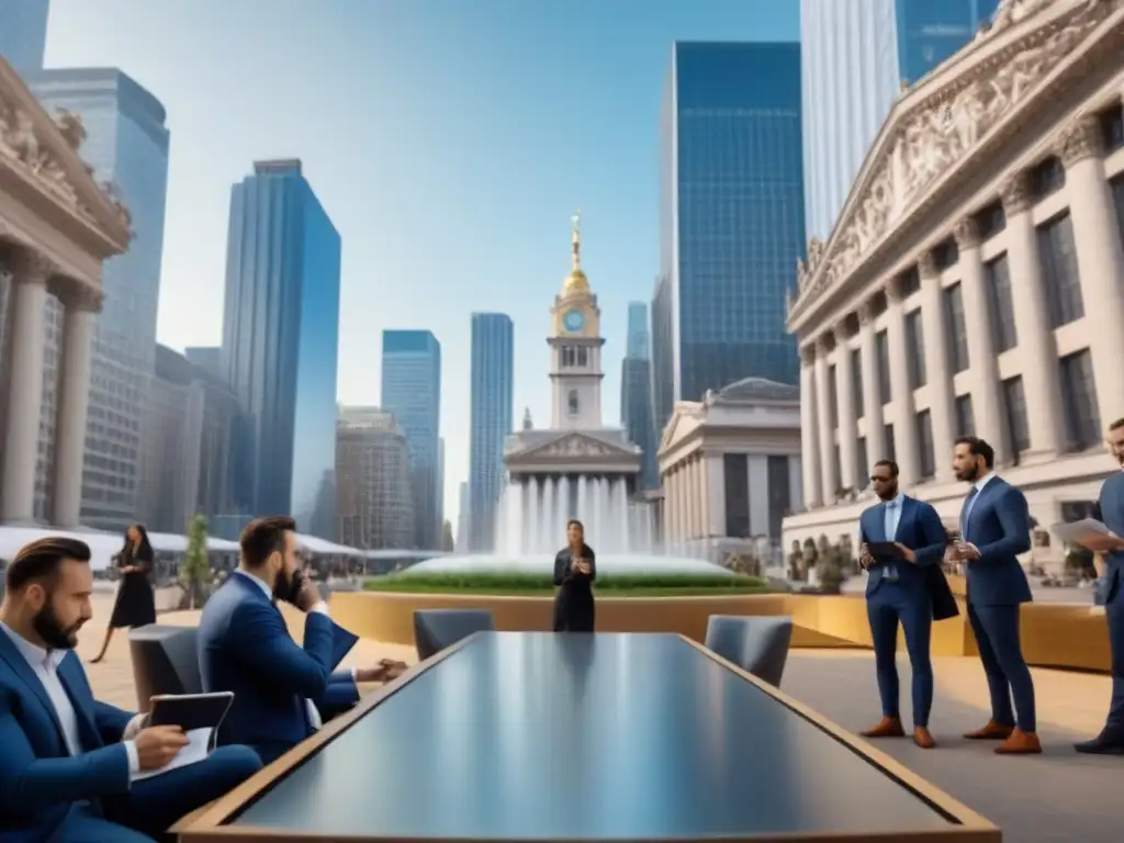 Distrito financiero vibrante: inversión inmobiliaria en 8k Vibrante escena financiera con profesionales y edificios modernos, simbolizando la comparativa financiamiento colectivo vs REITs