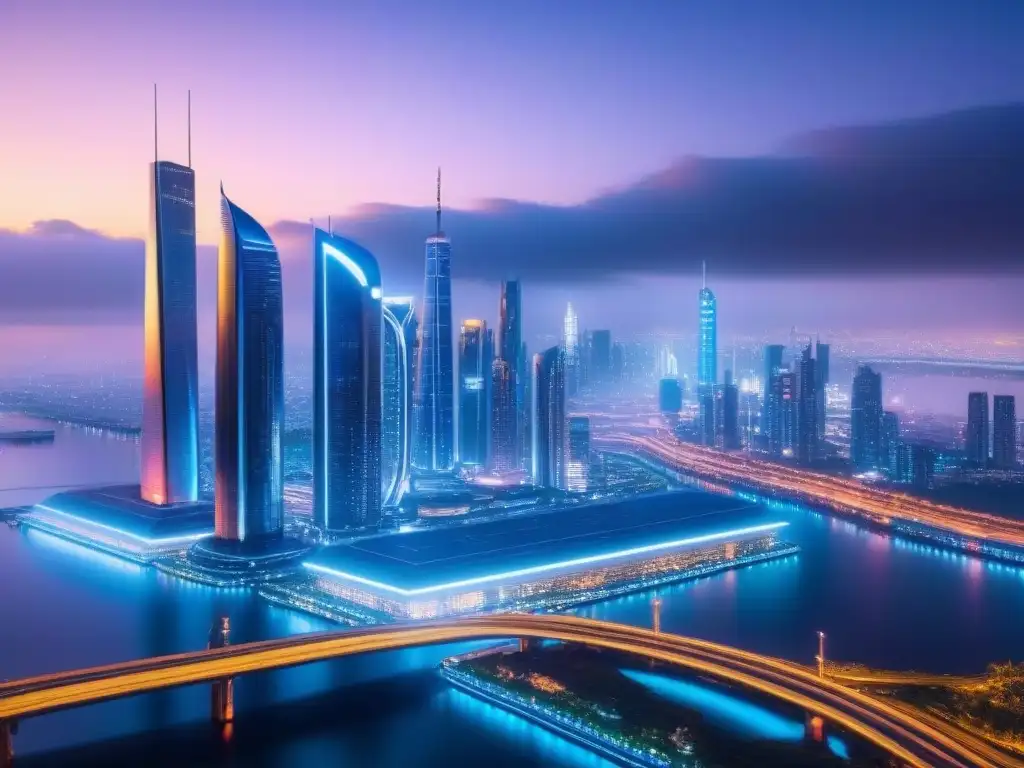 Metrópolis del futuro: financiamiento inmobiliario en un mundo innovador Vibrante escena futurista nocturna con rascacielos iluminados y carros voladores, proyectando gráficos financieros
