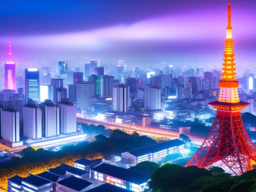 Tokio nocturno: skyline vibrante y futurista en 8k Vibrante escena nocturna de Tokio con arquitectura tradicional y rascacielos iluminados por luces de neón