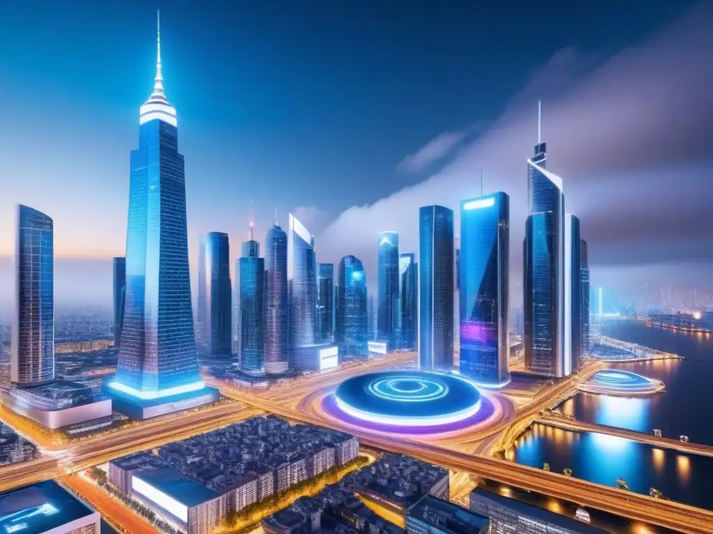 Vibrante escena nocturna futurista de una ciudad con rascacielos iluminados y tecnología avanzada