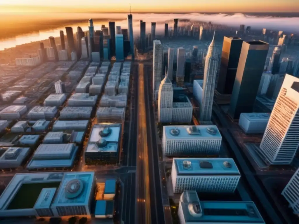 Vista aérea impactante de una ciudad moderna al atardecer Vibrante escena urbana al atardecer con rascacielos modernos y bulliciosa actividad