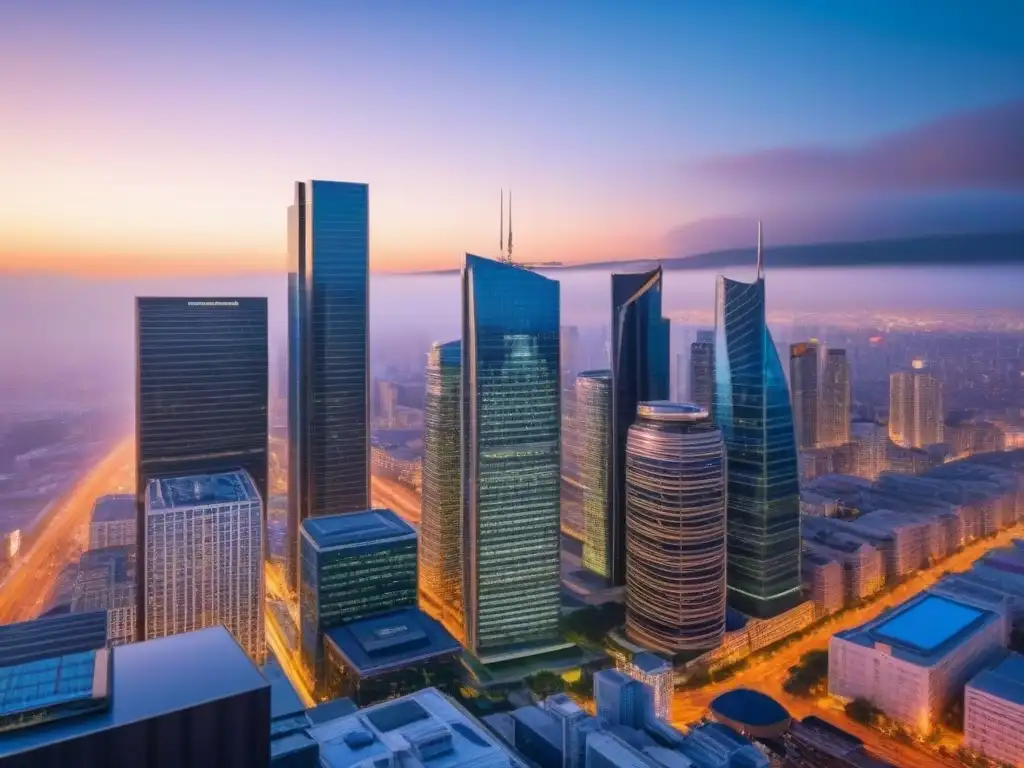 Horizonte urbano moderno al anochecer: progreso y diversidad en la ciudad Vibrante escena urbana al atardecer con rascacielos iluminados y gente diversa en las calles