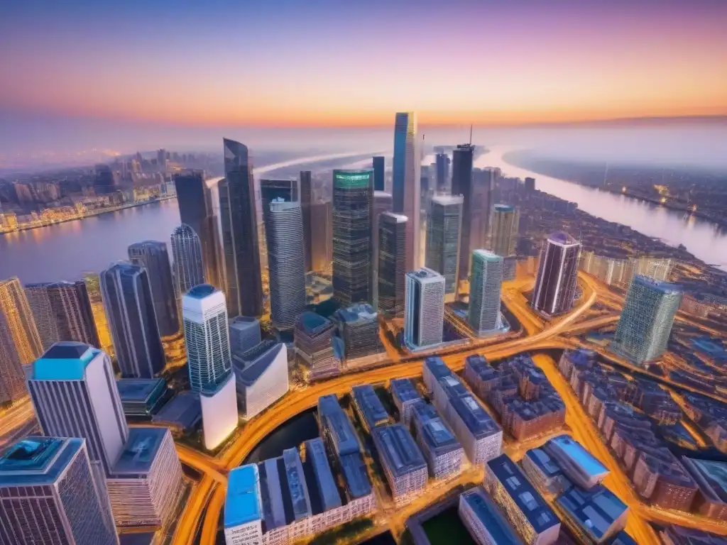 Metrópolis vibrante al anochecer: luces y energía urbana en acción Vibrante escena urbana al anochecer, reflejando la energía de la ciudad