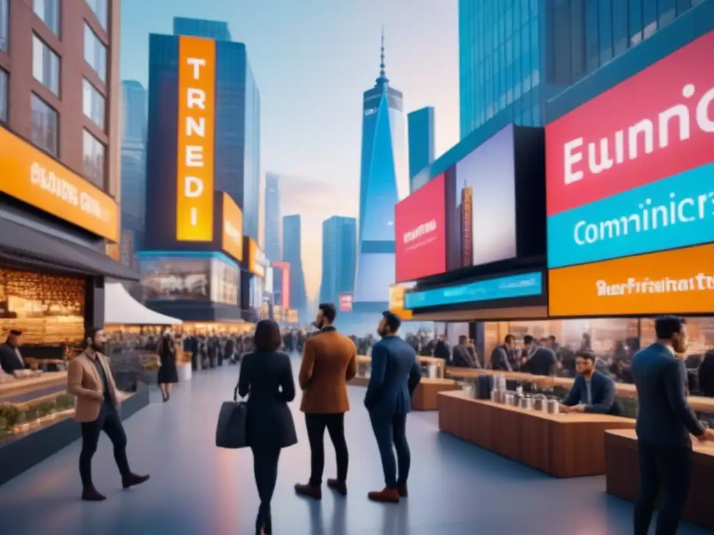 Inversión urbana: millennials en ciudad futurista Vibrante escena urbana millennial con modernos edificios, cafetería y tecnología financiera