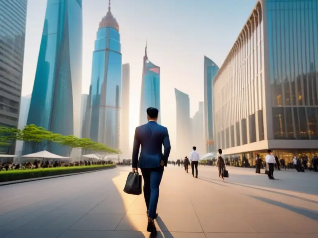 Distrito financiero asiático: atardecer innovador y moderno Vibrante escena urbana en Asia: rascacielos modernos, ejecutivos y atardecer cálido