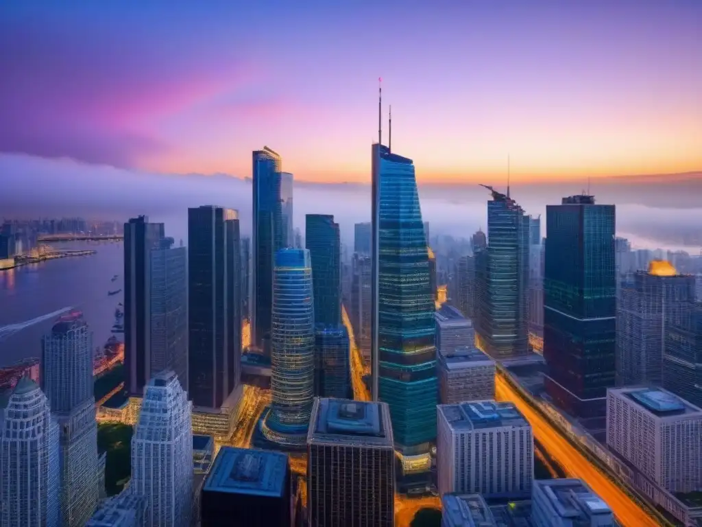 Skyline urbano al atardecer: inversión estratégica Vibrante escena urbana al anochecer con profesionales y gráficos financieros