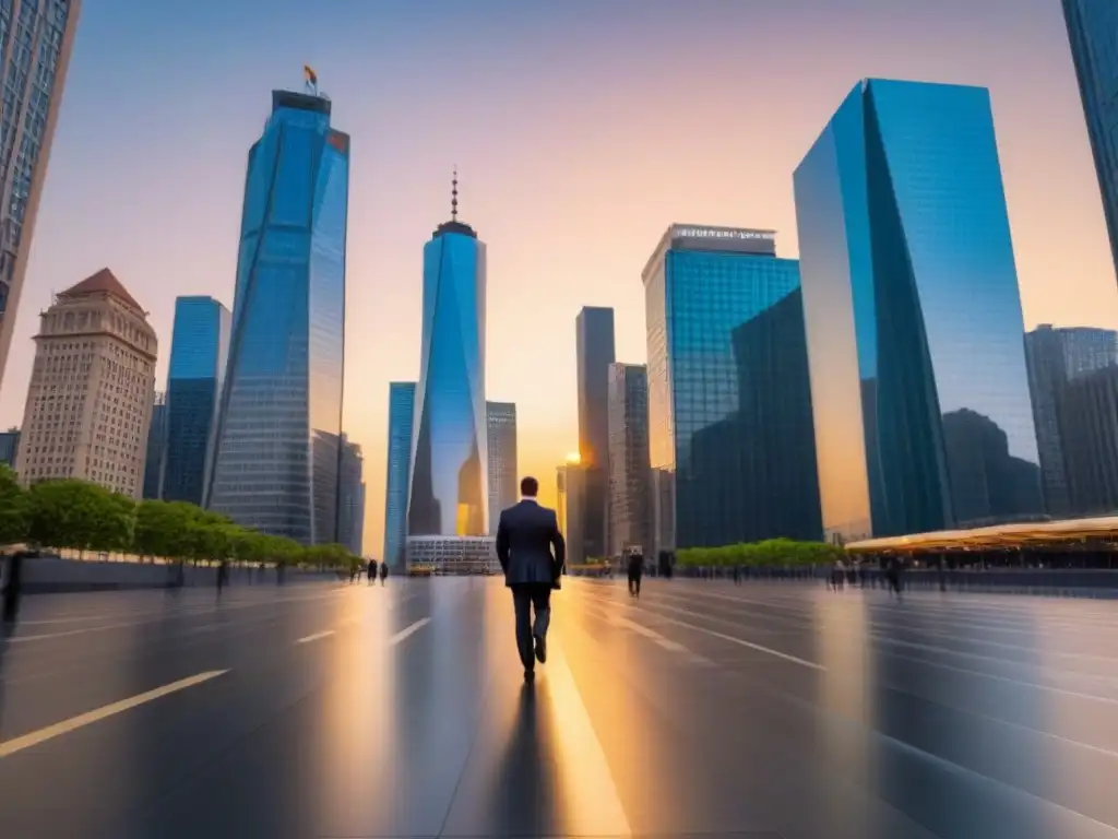 Horizonte urbano dorado: éxito en la ciudad financiera Vibrante escena urbana con rascacielos modernos reflejando el atardecer dorado, en un distrito financiero bullicioso