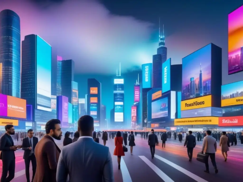Cityscape digital de lujo: real estate y tecnología en acción Vibrante escena urbana con rascacielos y vallas publicitarias digitales, profesionales y tecnología