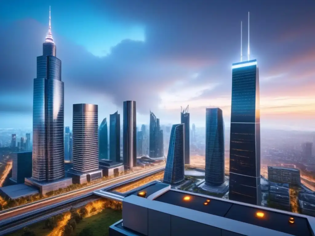 Metrópolis futurista: innovación y colaboración en real estate 2023 Vibrante escena urbana con rascacielos futuristas y profesionales colaborando en proyectos inmobiliarios