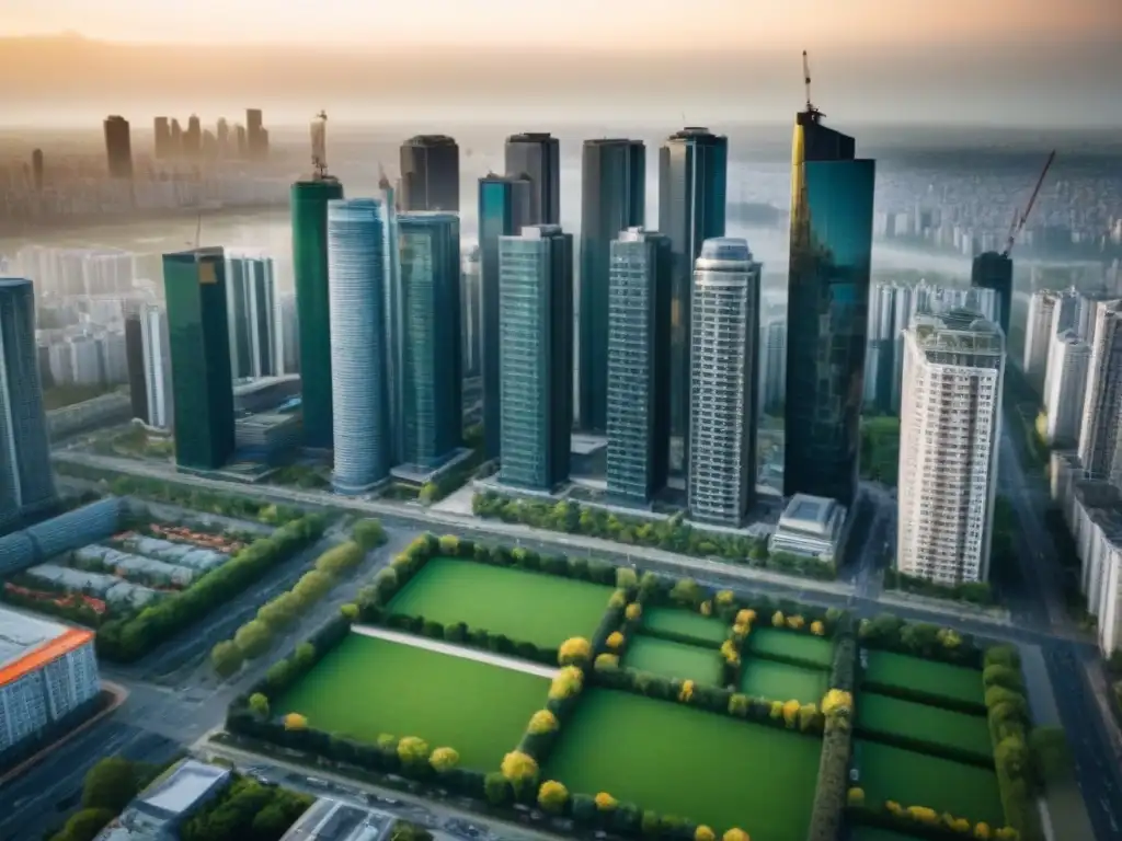 Metrópolis en auge: luces, sombras y progreso urbano Vibrante escena urbana con rascacielos, gente y parques, reflejando el resurgimiento del mercado inmobiliario