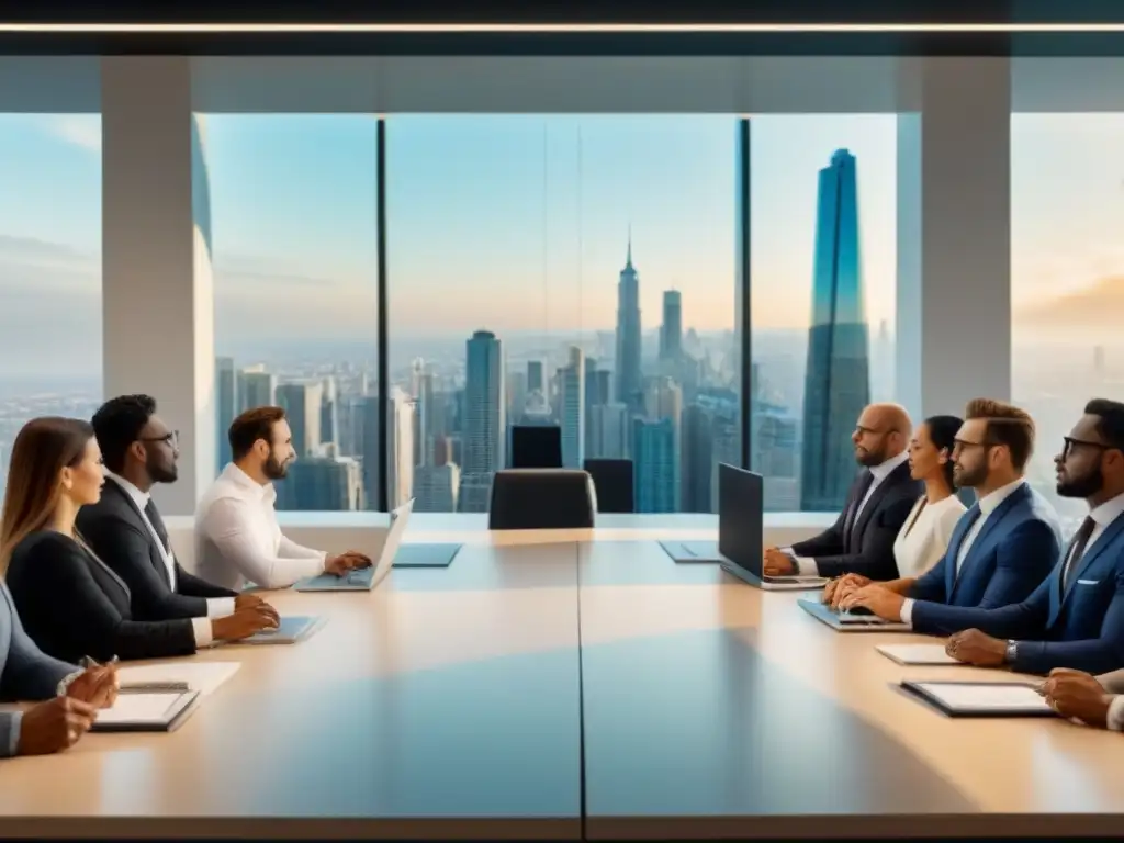 Inspiradora reunión de profesionales en oficina inmobiliaria moderna Un vibrante escenario de oficina inmobiliaria moderna con profesionales diversos debatiendo ideas sobre sindicación inmobiliaria para principiantes