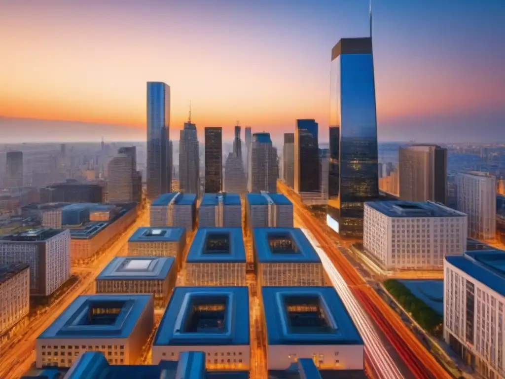Inversión inmobiliaria: Ciudad vibrante y profesional Un vibrante escenario urbano con modernos rascacielos, profesionales analizando datos y una puesta de sol: Análisis mercado alquileres inversión
