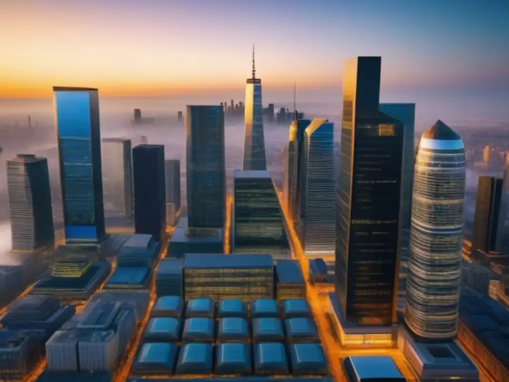 Metrópolis en crecimiento: profesionales analizan mercado inmobiliario Un vibrante escenario urbano con rascacielos y profesionales analizando tendencias del mercado inmobiliario estrategia