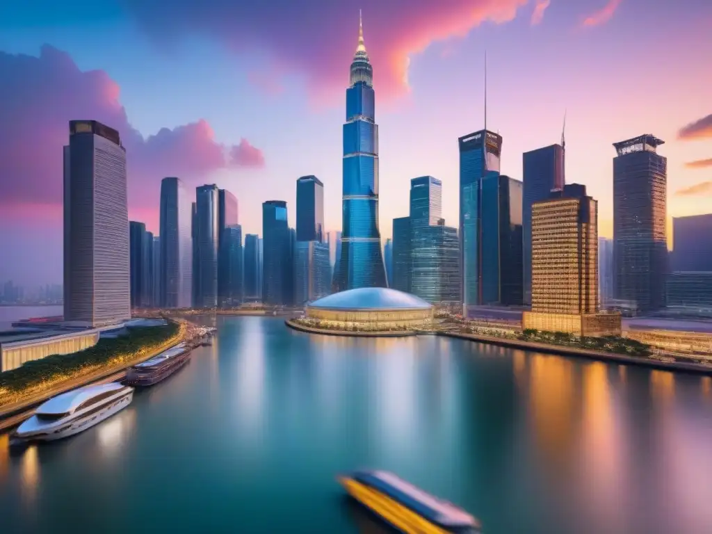 Vibrante distrito financiero asiático: éxito y colaboración Vibrante éxito financiamiento inmobiliario Asia en moderno distrito financiero al atardecer