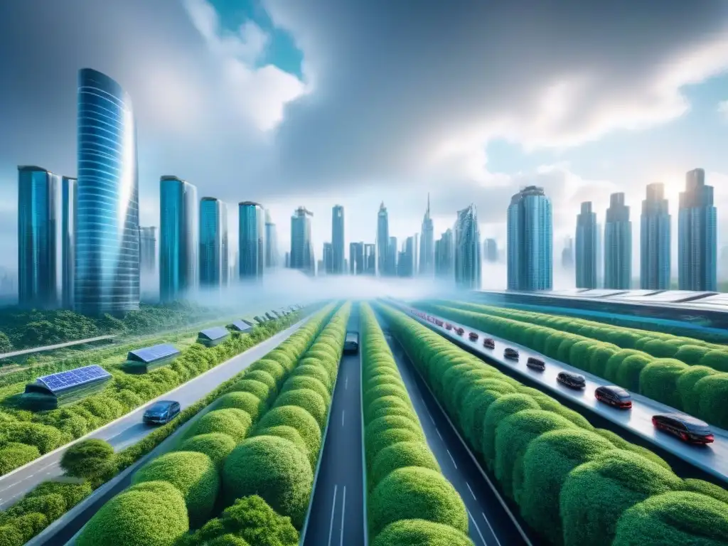 Metrópolis futurista: arquitectura sostenible y tecnología verde Vibrante metrópolis futurista con normativas préstamos inmobiliarios 2021 integradas en paisaje sostenible
