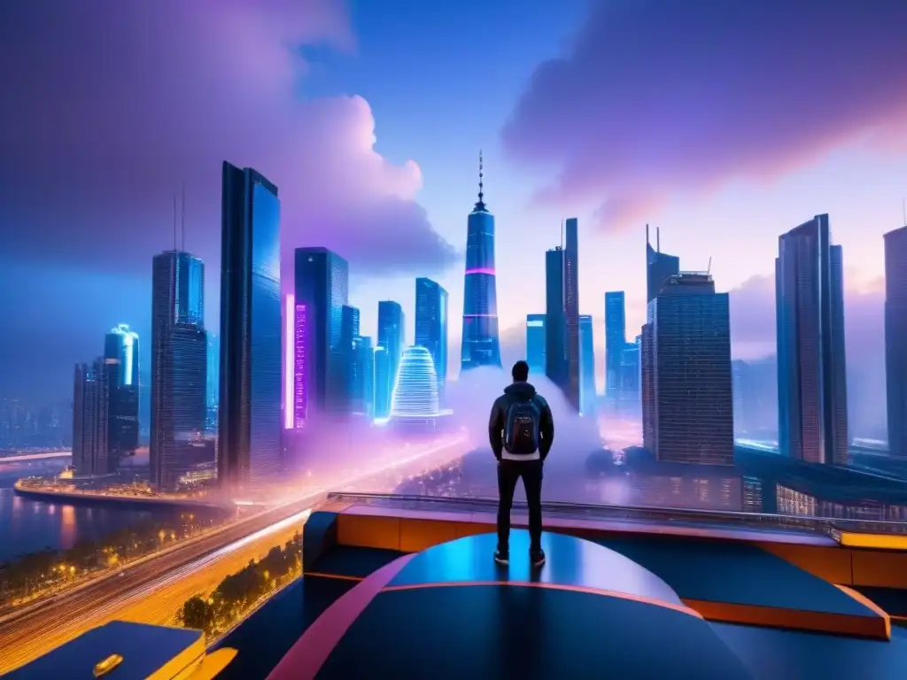 Metrópolis futurista en 8k: luces neón y tecnología avanzada Vibrante metrópolis futurista con rascacielos iluminados por luces de neón, proyectando algoritmos y datos inmobiliarios