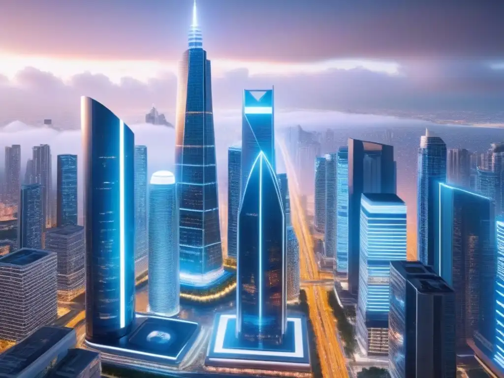 Vibrante metrópolis futurista con rascacielos modernos y tecnología AI, mostrando innovación en financiamiento inmobiliario