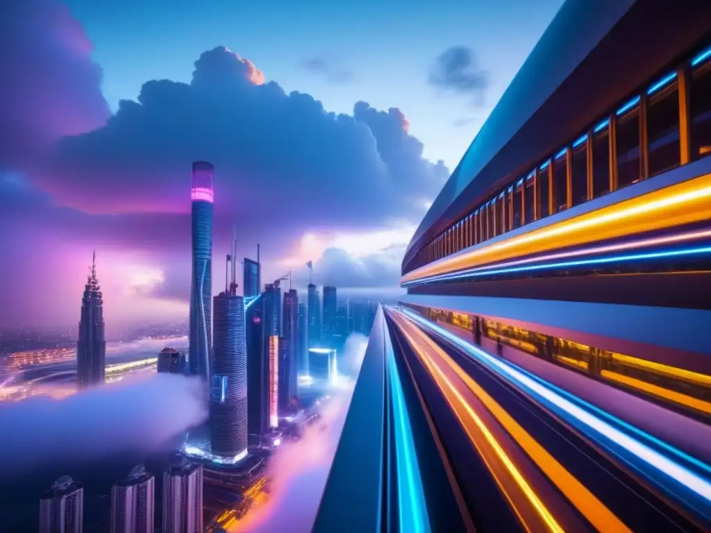 Metrópolis futurista: rascacielos, skywalks y tecnología avanzada Vibrante metrópolis futurista con rascacielos, transporte de alta tecnología y certificaciones bienes raíces inversores
