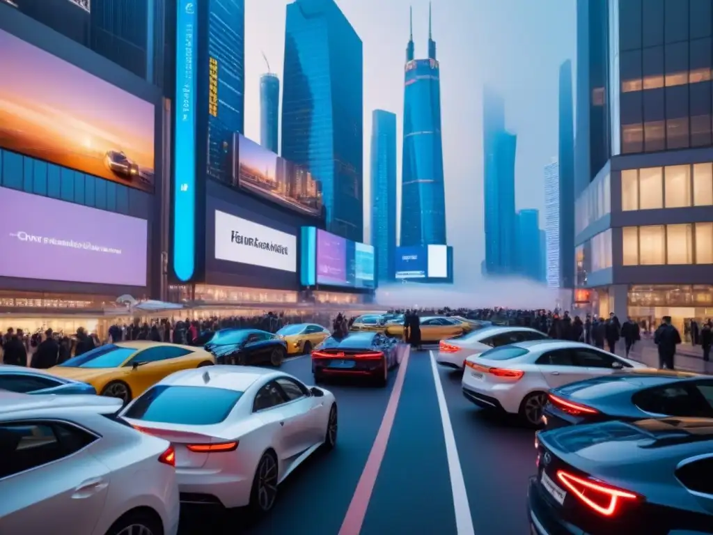 Metrópolis futurista: tecnología y urbanismo innovador Vibrante metrópolis futurista al anochecer con tecnología avanzada y regulaciones financiamiento inmobiliario futuro