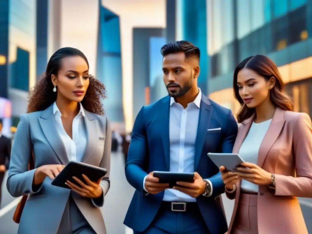 Inversionistas exitosos analizan gráficos en ciudad extranjera Un vibrante grupo de inversores exitosos discutiendo oportunidades de inversión inmobiliaria extranjero en una bulliciosa ciudad futurista
